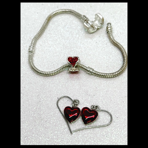 Vintage ❤️ Enameled Heart Earrings & Red Rhinestone ❤️PGDA 925 Charm & Bracelet - Picture 2 of 6